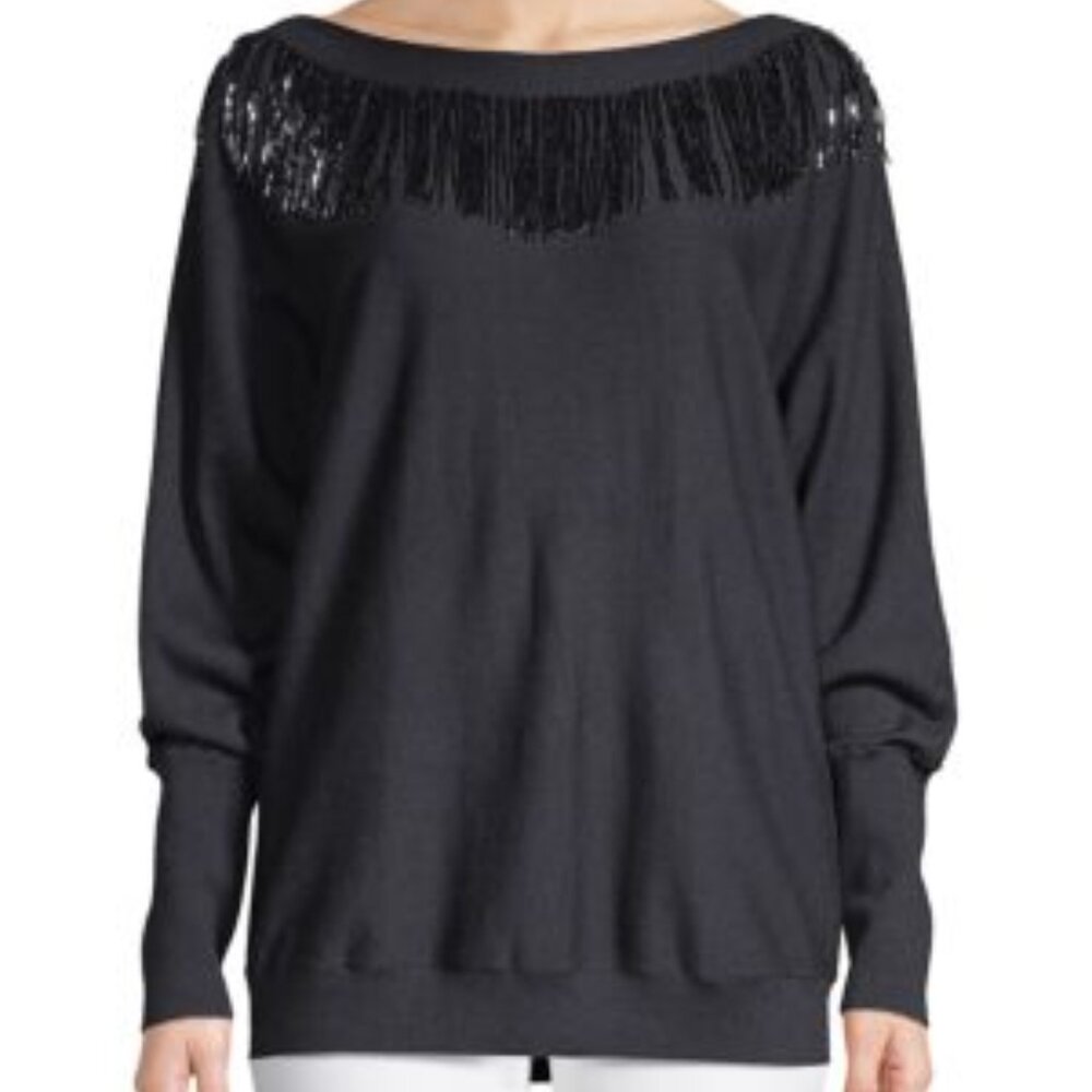 Lafayette 148 Cashmere Deep Navy Fringe Embellished Dolman Sweater